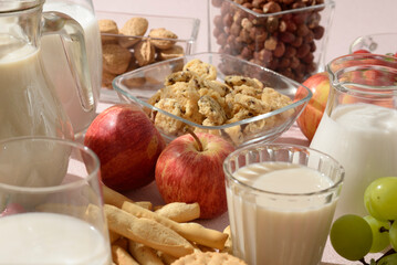 Milk, almond milk, apple, biscuit