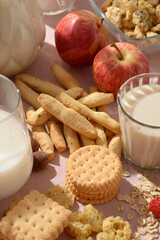 Milk, almond milk, apple, biscuit