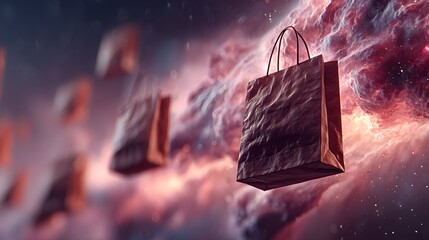 Shopping bags float in a colorful cloudy sky surreal and dreamy.
