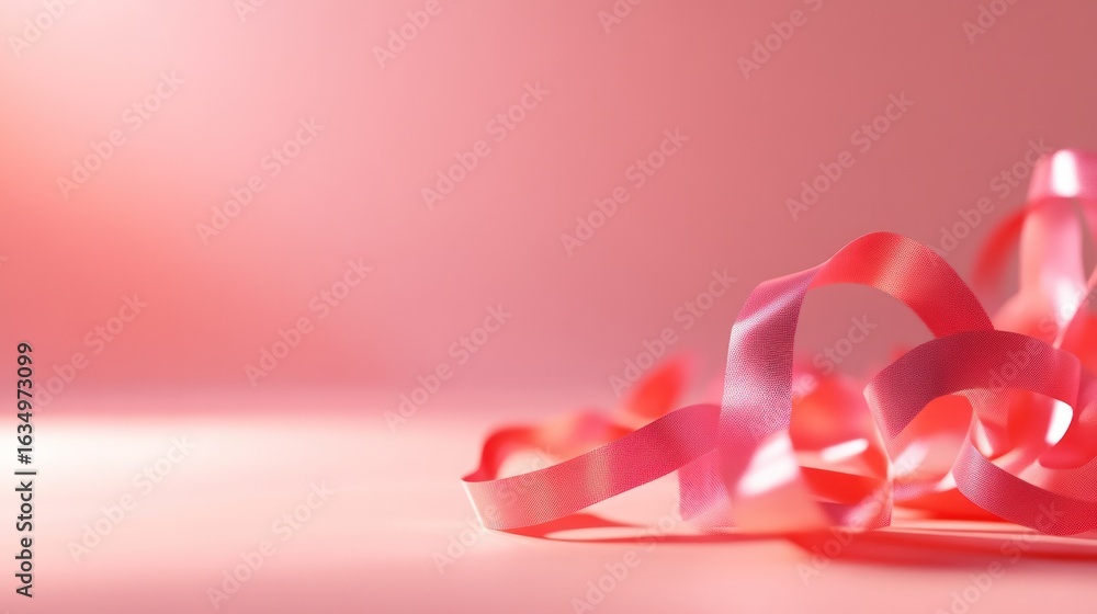 Poster pink and red curled ribbons on a soft background creating a festive and elegant composition for cele