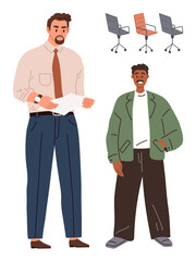 Two people, one holding a document and talking with another dressed casually, standing together near chairs. Ideal for collaboration, teamwork, communication, diversity, workplace dynamics