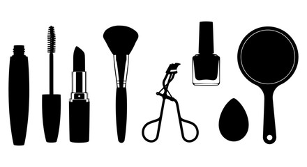 A u14.ai collection of beauty essentials, this makeup icon set features a lipstick, mascara, and brush silhouette.