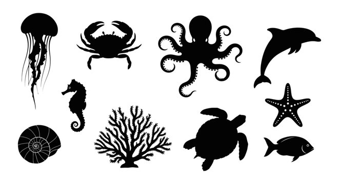 A collection of marine life silhouettes, featuring a dolphin, octopus, crab, and coral for creative u7.ai design.