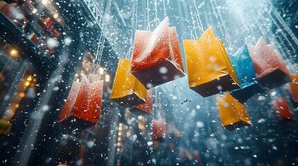 Colorful lanterns hang in an urban setting with falling snow or glitter.