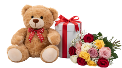 A teddy bear with a polka dot bow tie gift box and bouquet of roses on a white background on transparent background