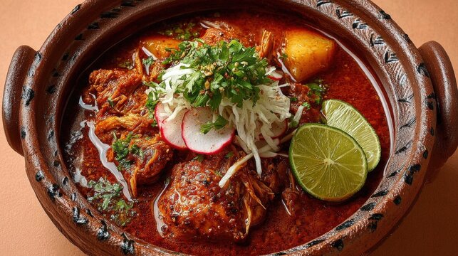 Colorful Mexican winter pozole rojo served in a rustic clay cazuela with fresh garnishes