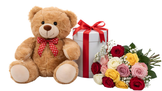 A teddy bear with a polka dot bow tie gift box and bouquet of roses on a white background on transparent background