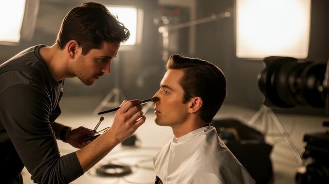 Makeup artist preparing actor in video production studio environment.