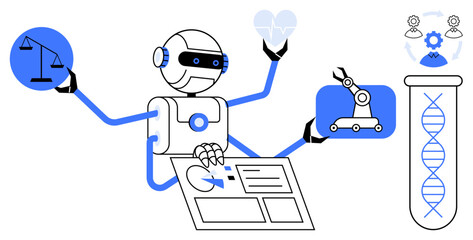 Robot performing tasks including genetic research, data analysis, healthcare, ethics, automation, and collaboration. Ideal for AI, robotics, biotech innovation healthcare leadership ethics