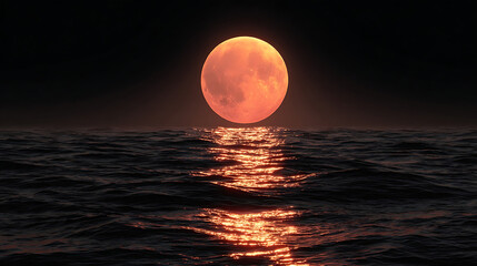 Orange moon reflecting on dark ocean waves reflection night