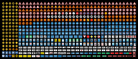 Set of road signs of Europe and USA. Isolated symbols on black background. Vector illustration © Максим Лебедик