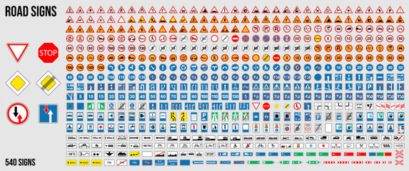 Set of road signs of Europe. Isolated symbols on white background. Vector illustration