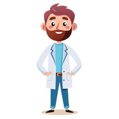 Cheerful Male Doctor with Beard in White Coat Standing Confidently With His Hands in His Pockets Ready to Help