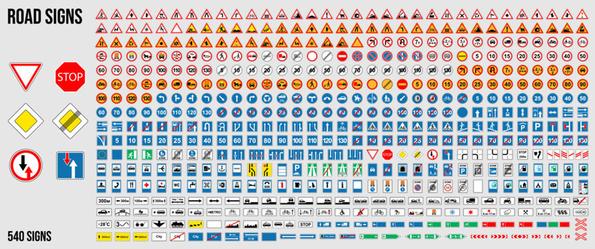 Set of road signs of Europe. Isolated symbols on white background. Vector illustration