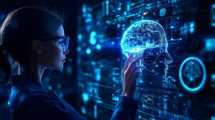 Technological innovation in artificial intelligence visualized with human brain interface concept