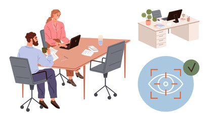 Colleagues collaborating at desk with laptops, analytics, organized workspace, and visual focus icon. Ideal for teamwork, planning, office culture, productivity, technology accuracy communication