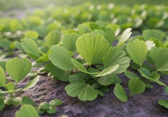 Obraz premium Close up of vibrant green ground cover plants growing in sandy soil with soft sunlight