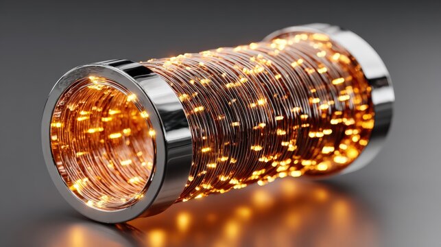 Inductor coil prism of copper wire creating magnetic field effect with charger background