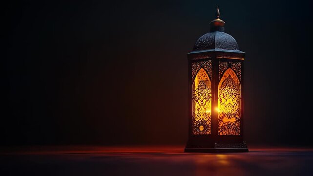Ornate lantern glows warmly on a dark surface, casting a soft light