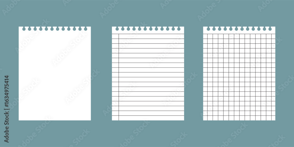 Poster set of realistic lined notepapers. grid page notebook with margin. set of torn sheet of paper from a