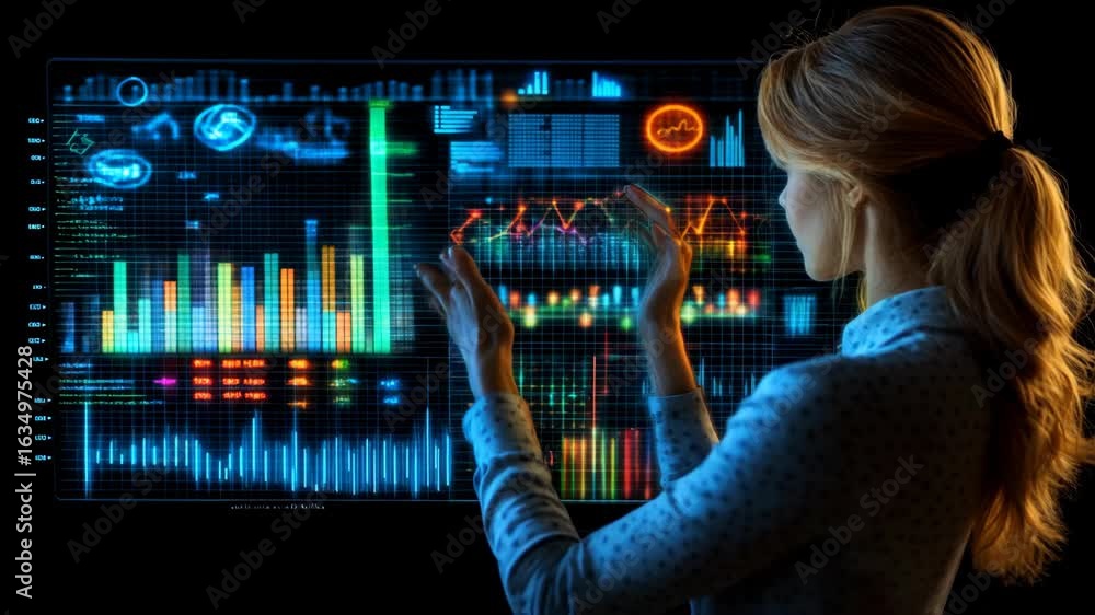 Poster person looking at a digital display with colorful data visualizations