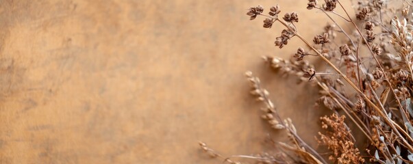 Dried natural plant arrangement on textured brown background with copy space