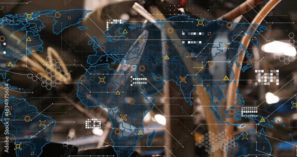 Poster fluid streaming from hoses starting map overlay populating pulsing data nodes showing connectivity
