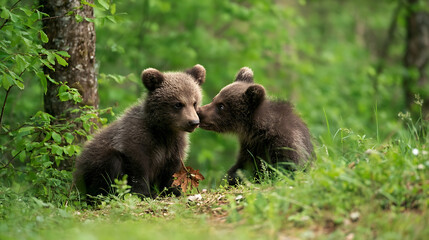 Fototapeta premium Two fluffy brown bear cubs nuzzling in a lush green forest brown bears