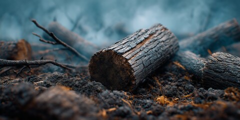 Smoking stumps and burned remnants reveal the aftermath of a wildfire in a forested area during late afternoon hours