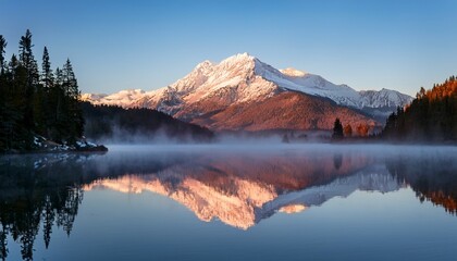 a snow capped mountain peak reflects in a calm misty lake at sunrise creating a serene and symmetrical scene