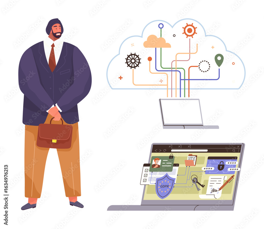 Poster businessman stands by cloud network and secured laptop with encryption visuals. ideal for data secur