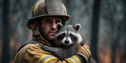 Firefighter carries frightened raccoon to safety after wildfires in a forested area during the early evening