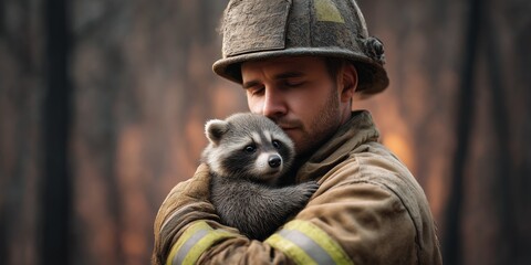 Firefighter rescues frightened raccoon during wildfires in a smoky environment, showcasing bravery and compassion