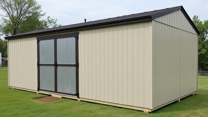 Obraz premium Small beige metal shed standing on grassy farm field