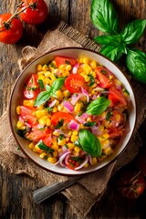 Bright corn and tomato salad garnished with fresh basil is presented in a bowl on a textured wooden table. Ripe tomatoes sit nearby, enhancing the rustic appeal