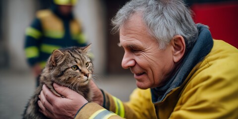 Rescuer hands over a thankful cat to its new guardian in a heartwarming exchange outdoors during daylight