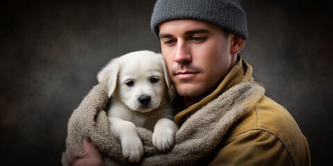 Man holding a puppy wrapped in a soft blanket with a calm expression during a cozy moment indoors
