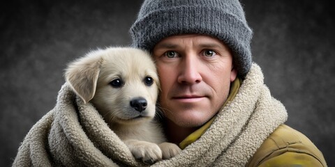Warm embrace of a man holding a cozy puppy wrapped in a blanket during a chilly evening indoors