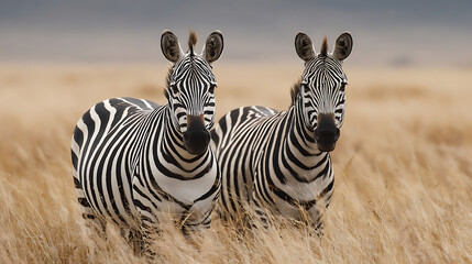 Fototapeta premium Two zebras standing in dry golden grass wildlife animals