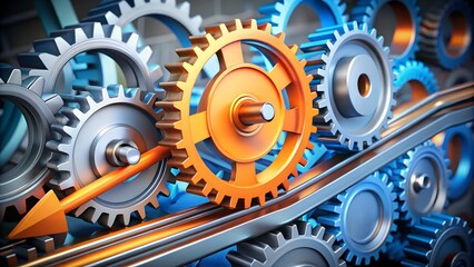 Photo of closeup of interlocking metal gears with an orange arrow indicating progress and direction, representing industry and teamwork