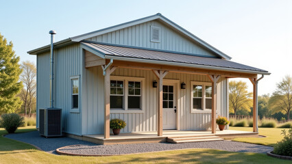 Modern small farmhouse with covered porch on rural property