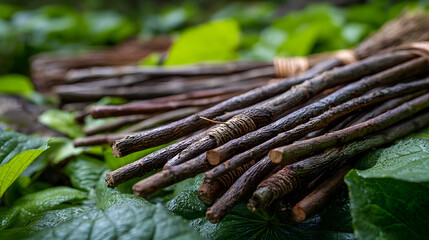 Handmade twig broomsticks rest against bright green foliage