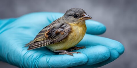 Bird perched on veterinarian's gloved hand during health check in a clinic setting