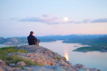 Person meditating on hilltop at sunset overlooking scenic landscape