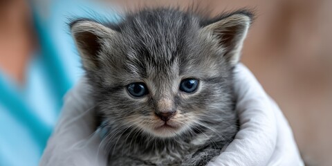 Kitten receiving a veterinary check-up by a caring professional in a warm clinic environment