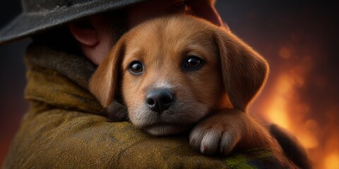 Puppy seeks comfort from caregiver amid chaotic backdrop in soft, warm light during uncertain moments