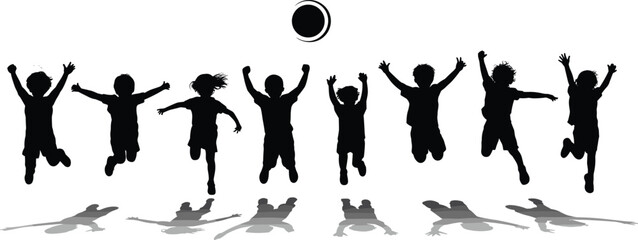 Children jumping silhouettes, playful kids in motion, joyful pose, black vector design, fun activity, childhood energy, sun, shadow, celebration