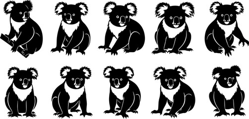 Cute Koala Bear Silhouettes:  A Collection of Vector Illustrations, Perfect for Children's Books, Logos, and Branding Designs.