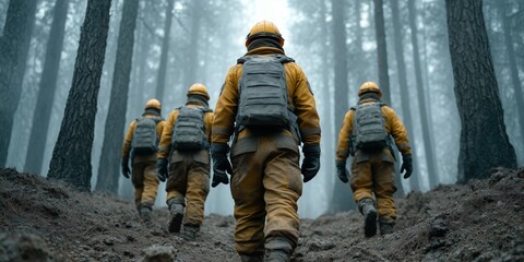 Forest rangers navigate through dense fog on a training mission in a remote woodland area during the early morning