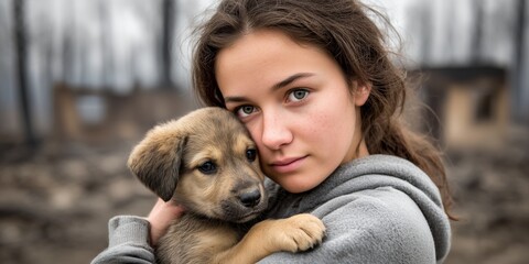 Rescued puppy finds safety in the arms of a caring young person in a devastated landscape